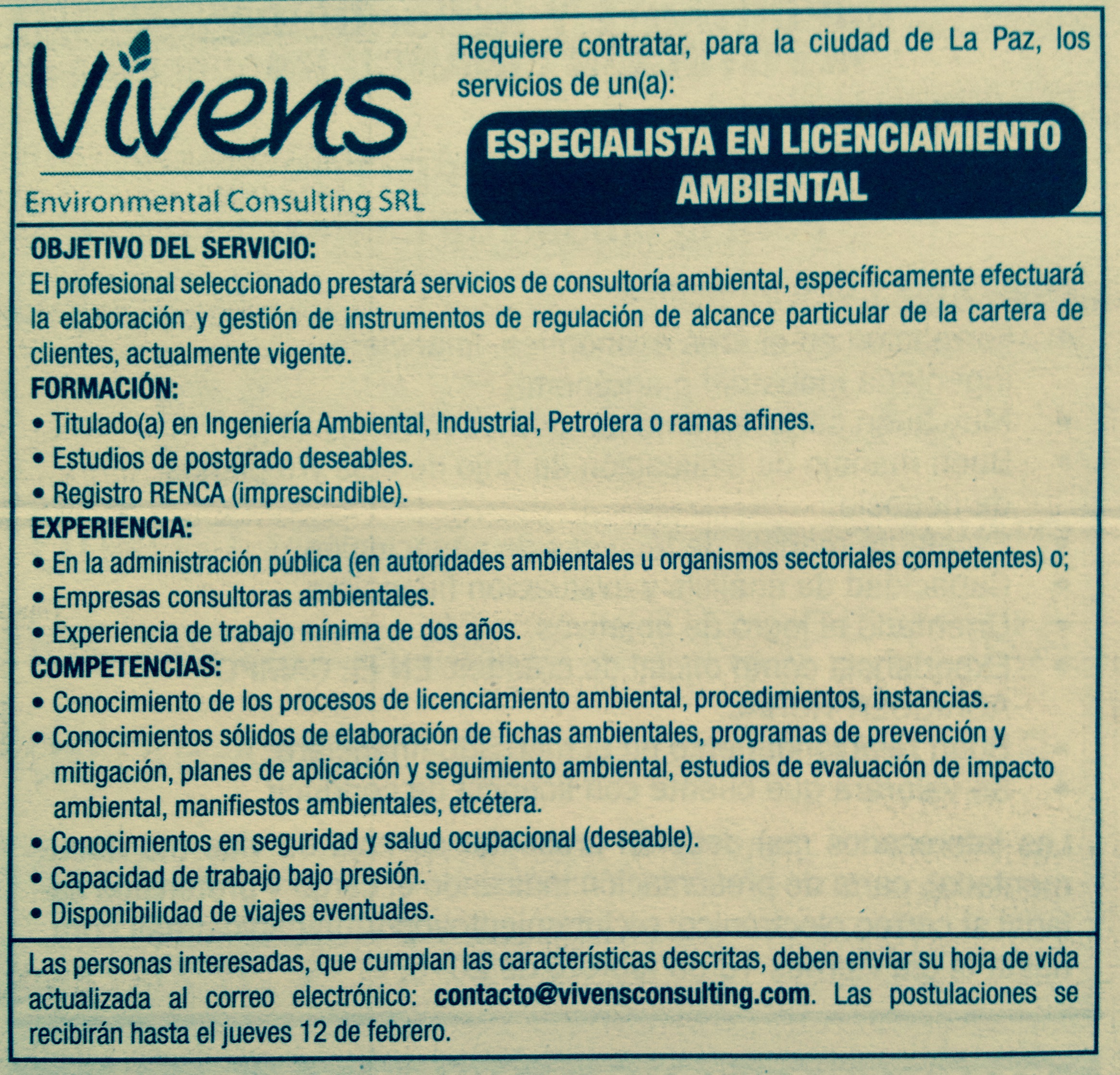 Búsqueda de personal: Aviso publicado en «La Razón» el domingo 8 de febrero.